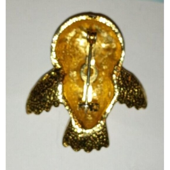 Vintage Owl Brooch Gold Plated Textured Clear Rhinestones Detailed Bird Pin - Picture 10 of 10